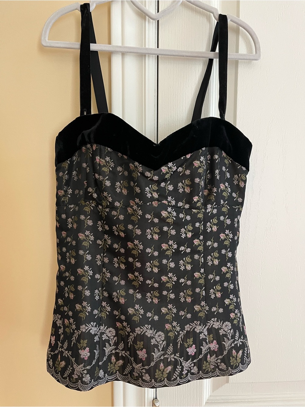 Nanette Lepore Brocade Floral Black Velvet-Trim Bustier Top